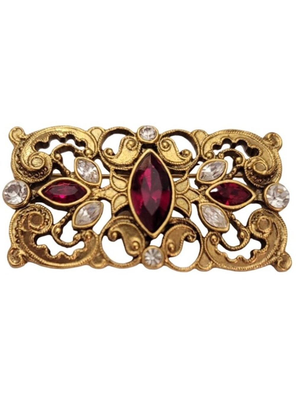 1928 Brand Gold Tone Red, Clear Glass Rhinestone Scroll Bar Brooch Pin E489